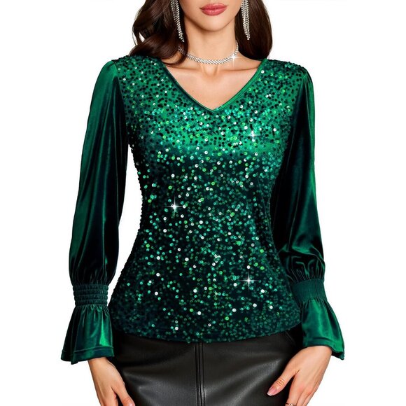 Women's Velvet Sequin Top Long Sleeve V-Neck Casual Party Winter - Picture 1 of 6